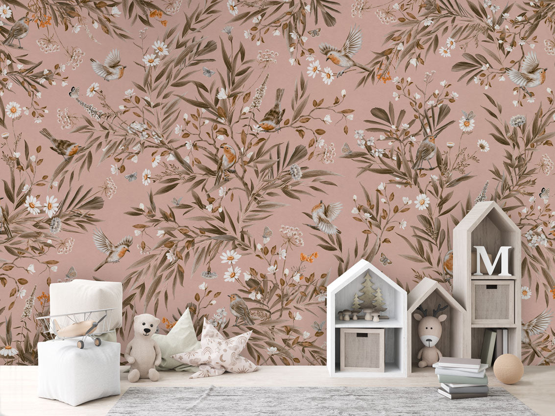 Playful Robins - Vintage - pink luxury wallpaper in kids room interior — Artehub Egypt