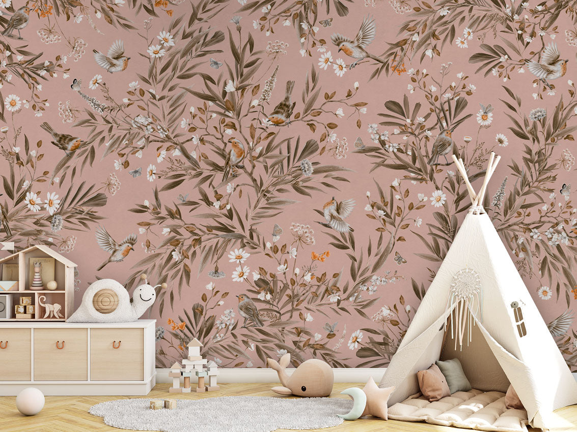 Playful Robins - Vintage - pink luxury wallpaper in kids room interior — Artehub Egypt
