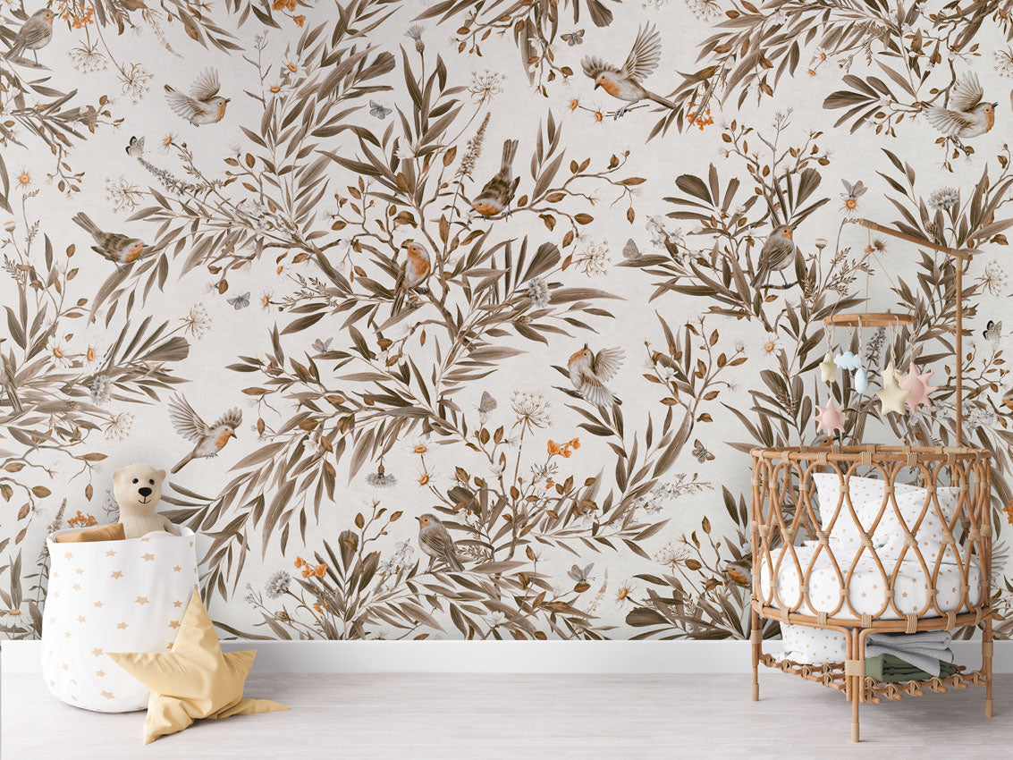 Playful Robins - Vintage - white luxury wallpaper in kids room interior — Artehub Egypt