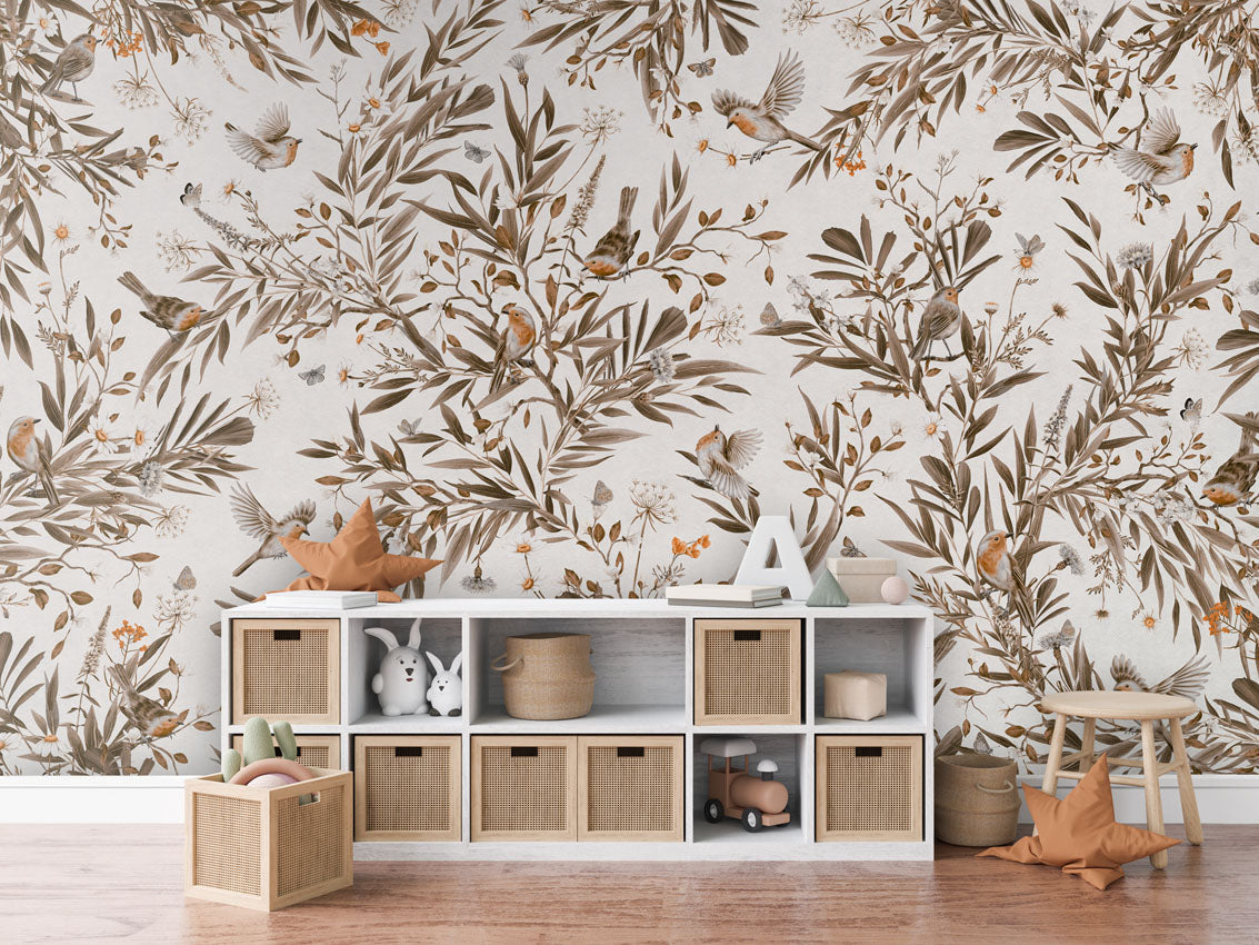 Playful Robins - Vintage - white luxury wallpaper in kids room interior — Artehub Egypt