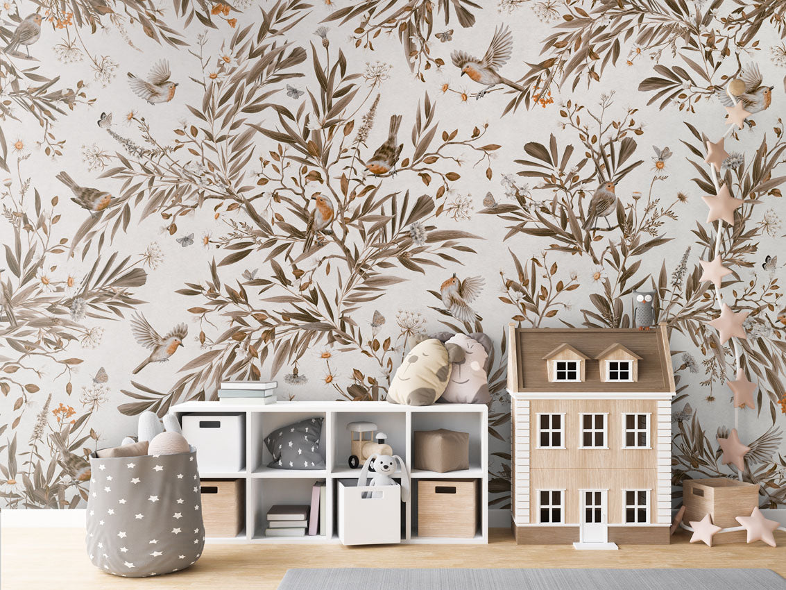 Playful Robins - Vintage - white luxury wallpaper in kids room interior — Artehub Egypt