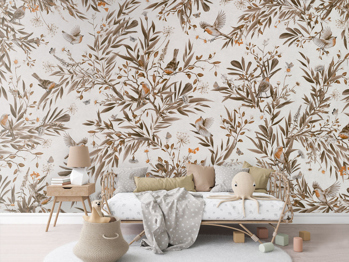 Playful Robins - Vintage - white luxury wallpaper in kids room interior — Artehub Egypt