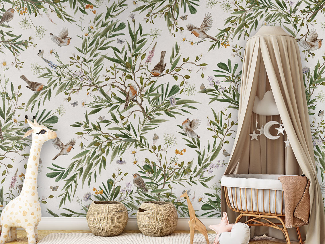 Playful Robins - white luxury wallpaper in kids room interior — Artehub Egypt