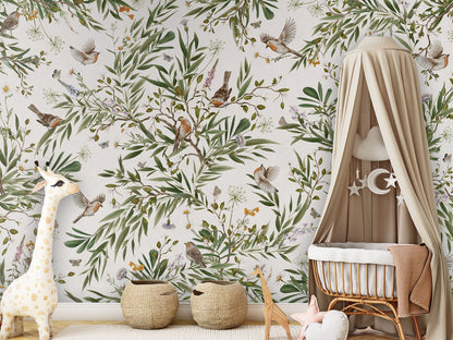 Playful Robins - white luxury wallpaper in kids room interior — Artehub Egypt