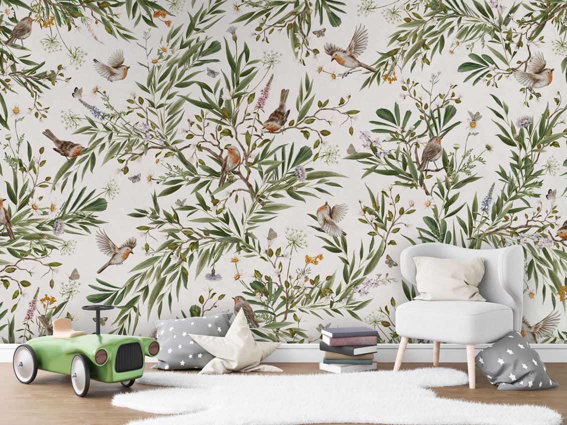 Playful Robins - white luxury wallpaper in kids room interior — Artehub Egypt
