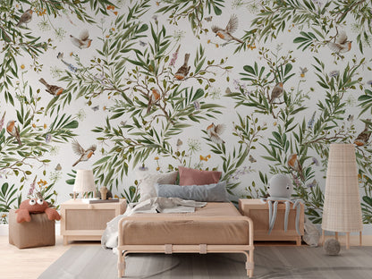 Playful Robins - white luxury wallpaper in kids room interior — Artehub Egypt