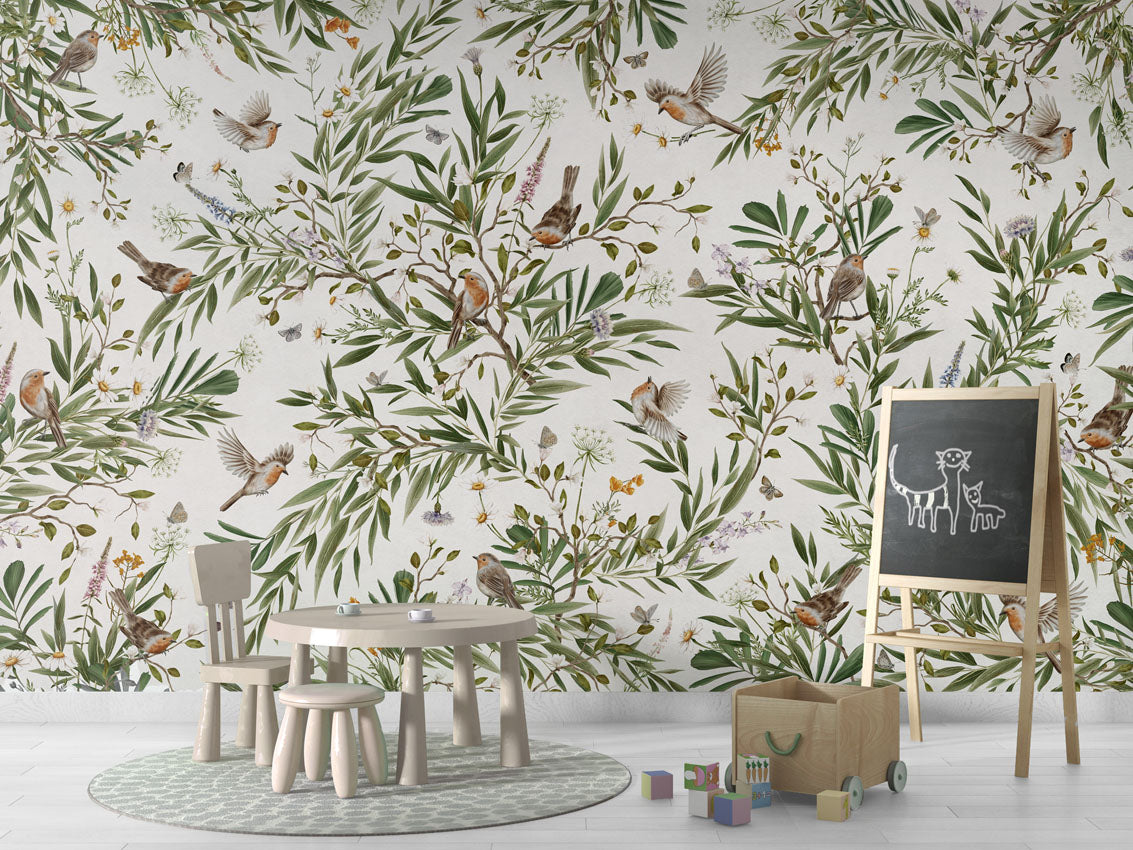 Playful Robins - white luxury wallpaper in kids room interior — Artehub Egypt