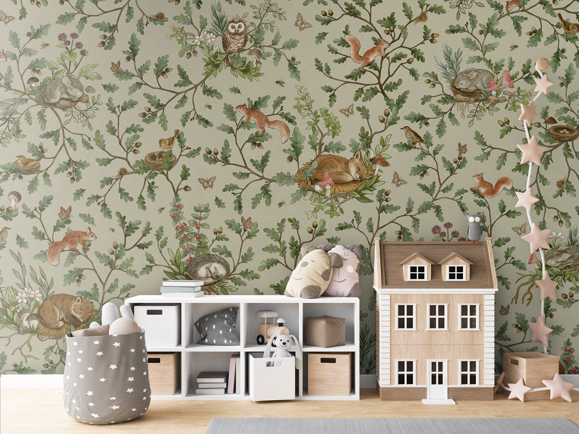 Playful Woods - green luxury wallpaper in kids room interior — Artehub Egypt