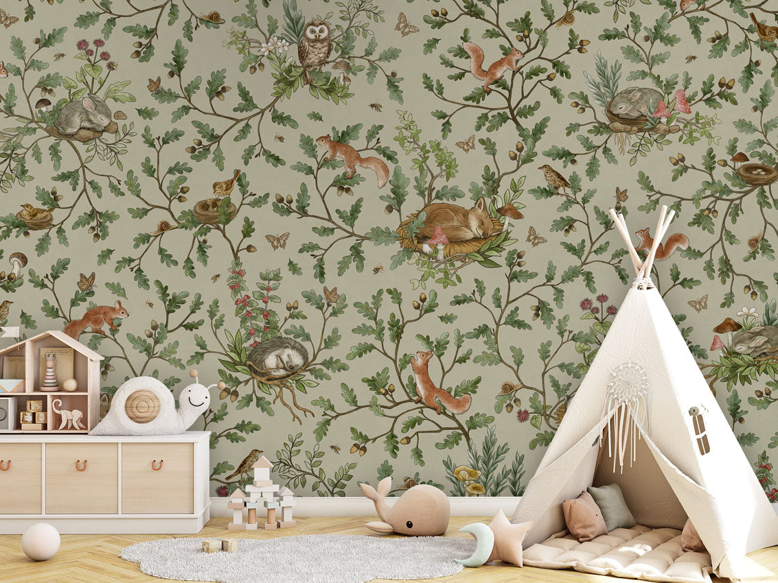 Playful Woods - green luxury wallpaper in kids room interior — Artehub Egypt