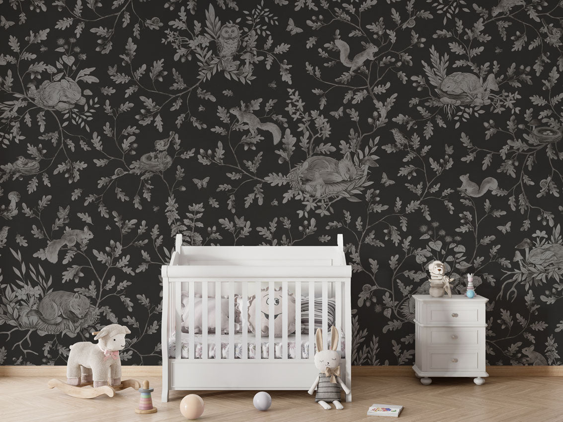 Playful Woods - Monochrome - black luxury wallpaper in kids room interior — Artehub Egypt