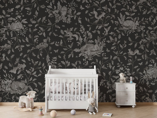 Playful Woods - Monochrome - black luxury wallpaper in kids room interior — Artehub Egypt