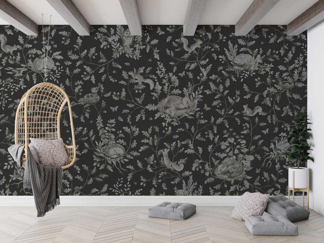Playful Woods - Monochrome - black luxury wallpaper in kids room interior — Artehub Egypt