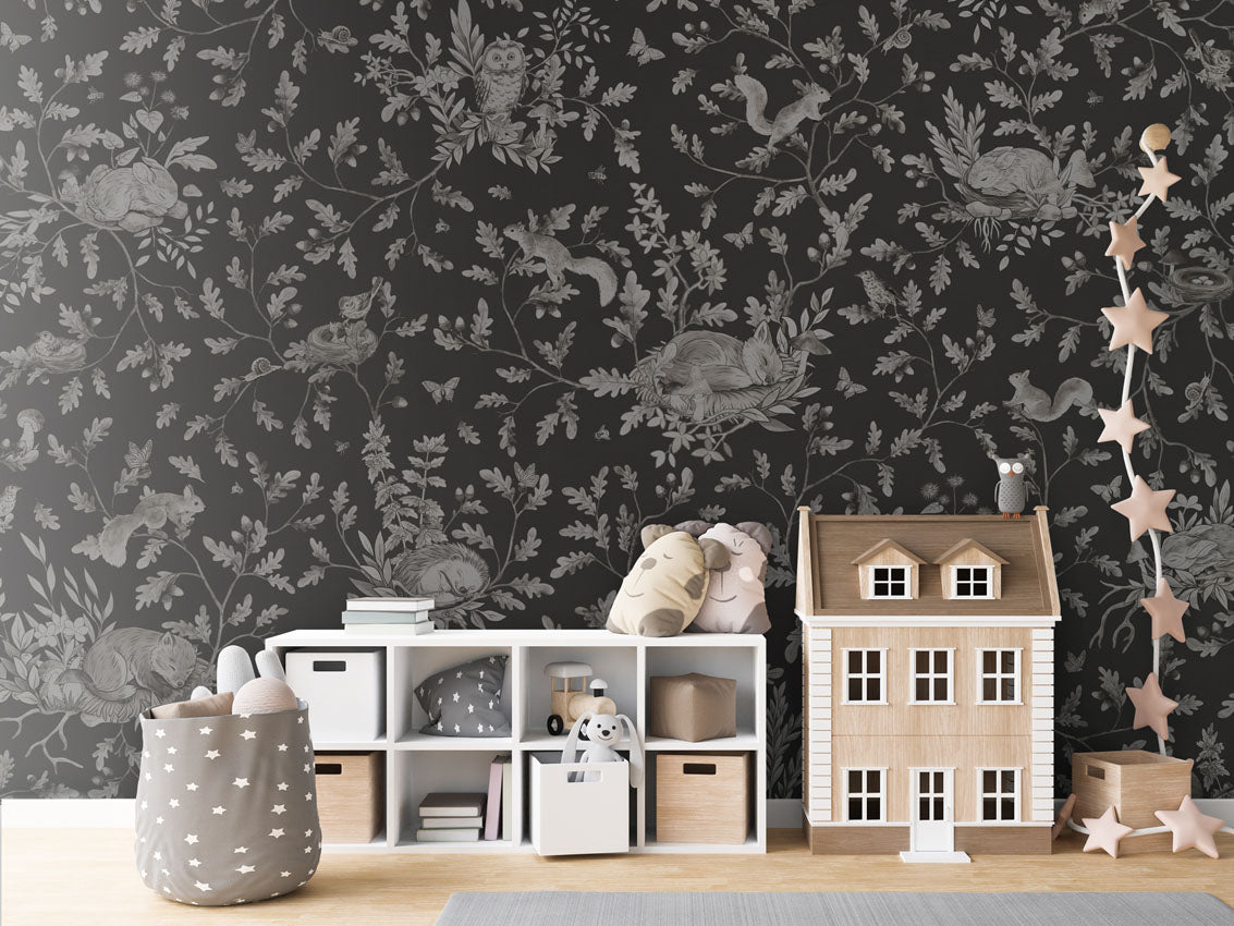 Playful Woods - Monochrome - black luxury wallpaper in kids room interior — Artehub Egypt