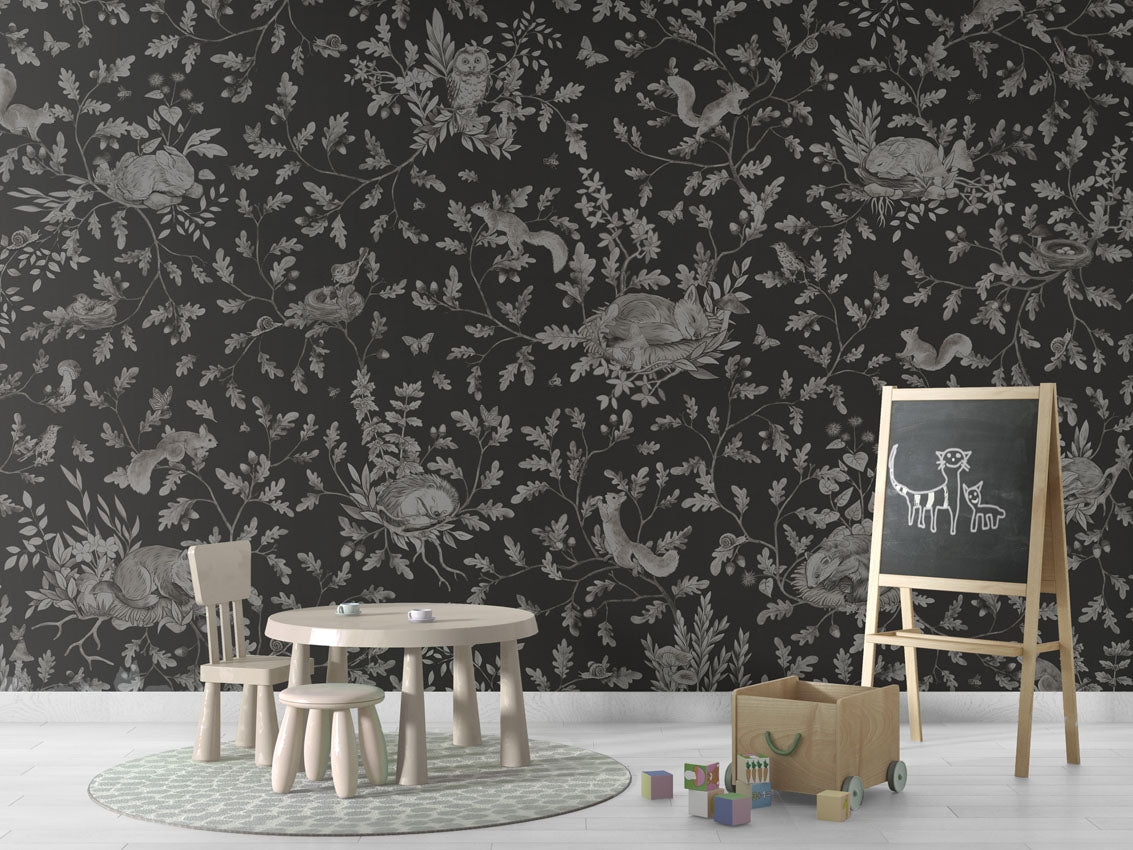 Playful Woods - Monochrome - black luxury wallpaper in kids room interior — Artehub Egypt
