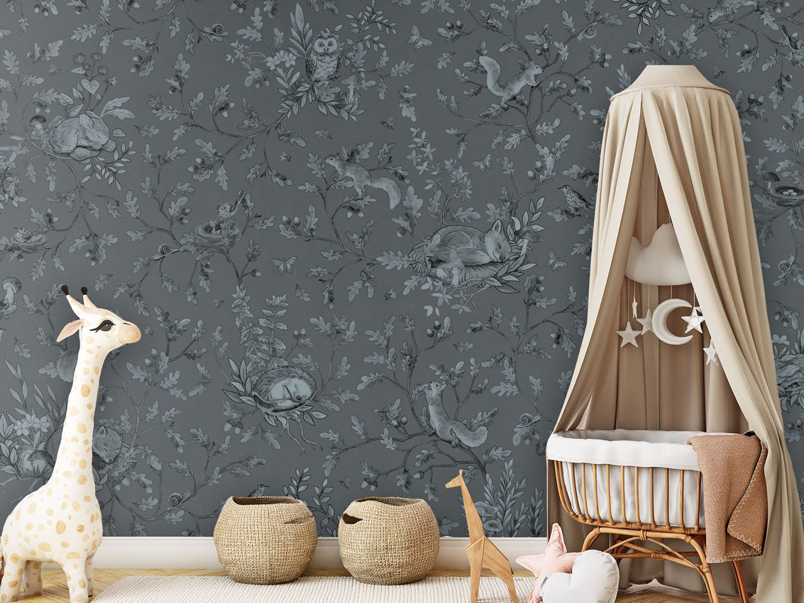 Playful Woods - Monochrome - blue luxury wallpaper in kids room interior — Artehub Egypt