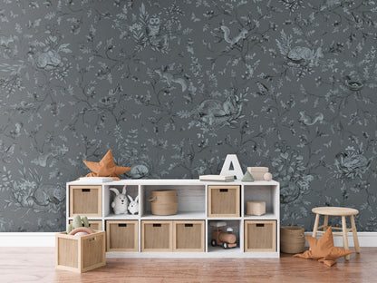 Playful Woods - Monochrome - blue luxury wallpaper in kids room interior — Artehub Egypt