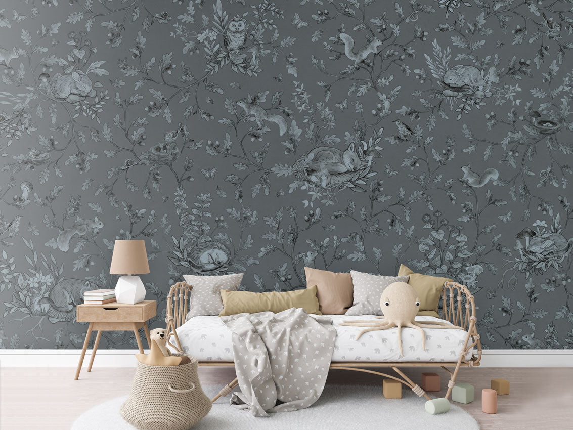 Playful Woods - Monochrome - blue luxury wallpaper in kids room interior — Artehub Egypt