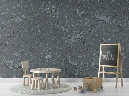 Playful Woods - Monochrome - blue luxury wallpaper in kids room interior — Artehub Egypt