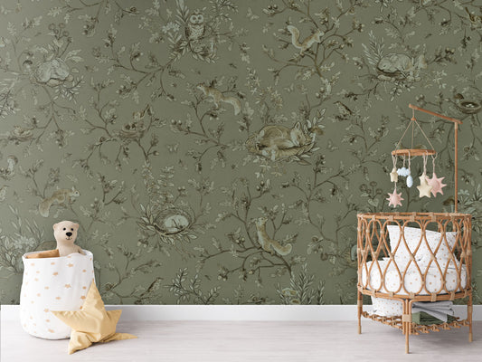 Playful Woods - Monochrome - green luxury wallpaper in kids room interior — Artehub Egypt