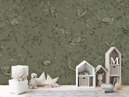 Playful Woods - Monochrome - green luxury wallpaper in kids room interior — Artehub Egypt