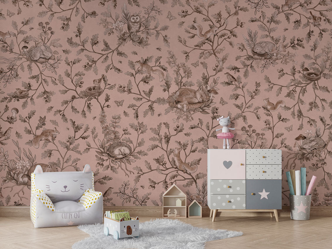 Playful Woods - Monochrome - pink luxury wallpaper in kids room interior — Artehub Egypt