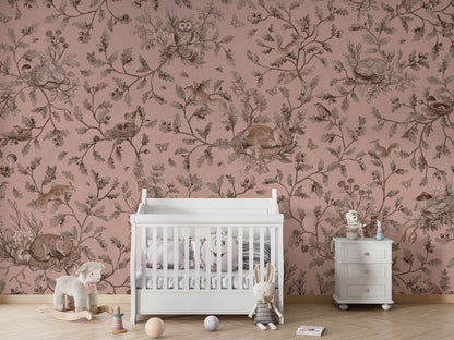 Playful Woods - Monochrome - pink luxury wallpaper in kids room interior — Artehub Egypt