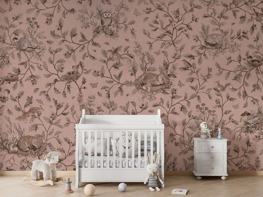 Playful Woods - Monochrome - pink luxury wallpaper in kids room interior — Artehub Egypt