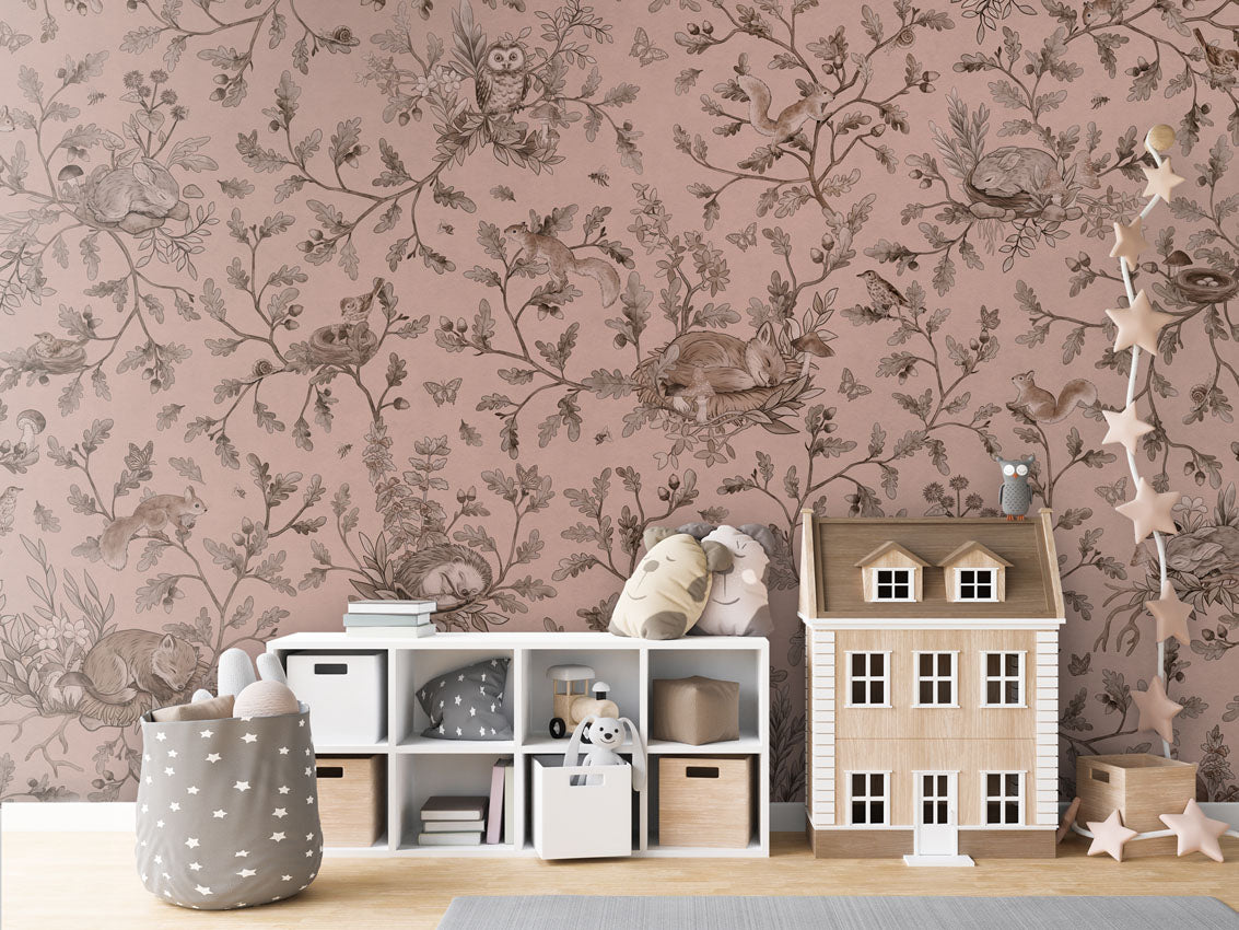 Playful Woods - Monochrome - pink luxury wallpaper in kids room interior — Artehub Egypt