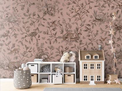 Playful Woods - Monochrome - pink luxury wallpaper in kids room interior — Artehub Egypt