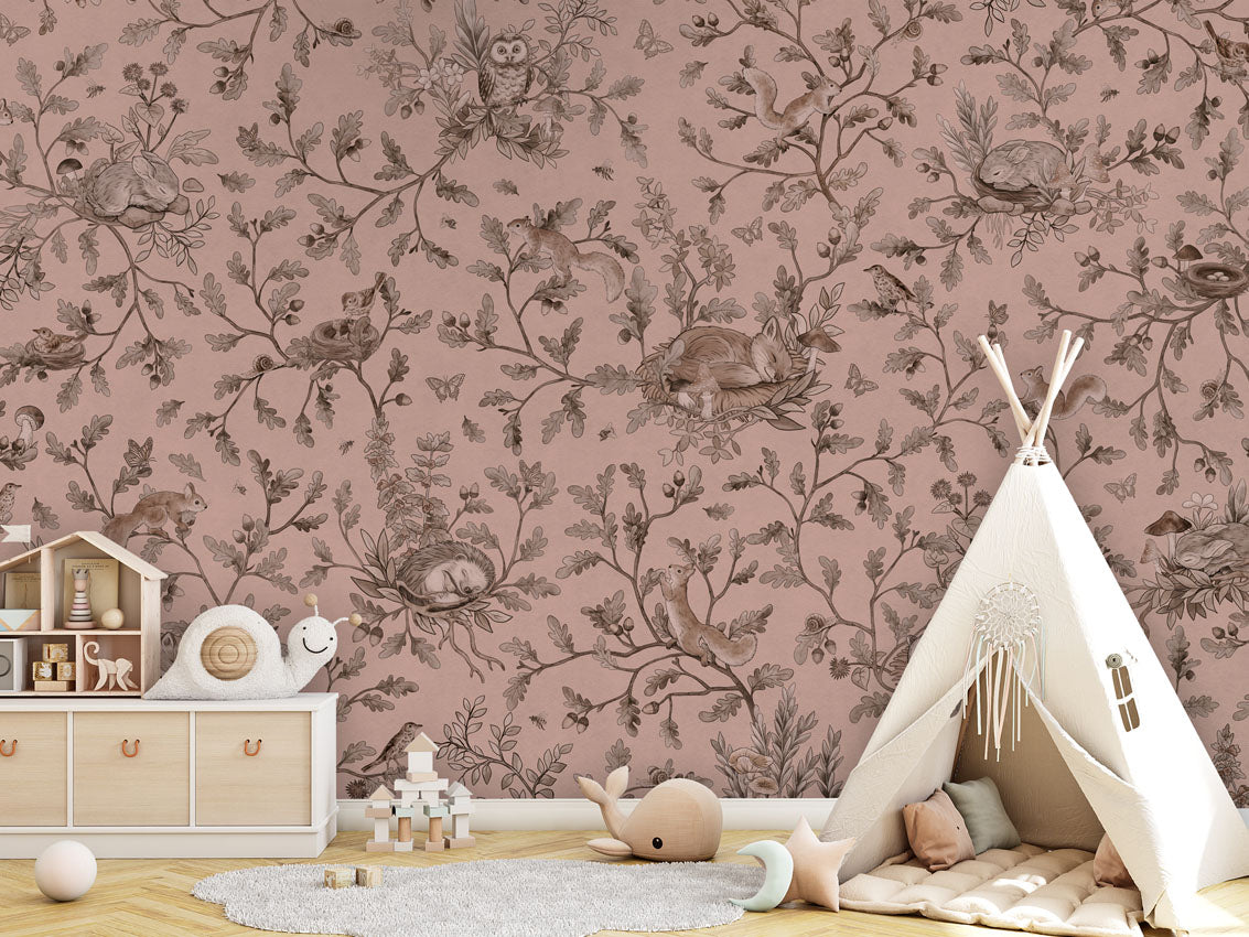 Playful Woods - Monochrome - pink luxury wallpaper in kids room interior — Artehub Egypt