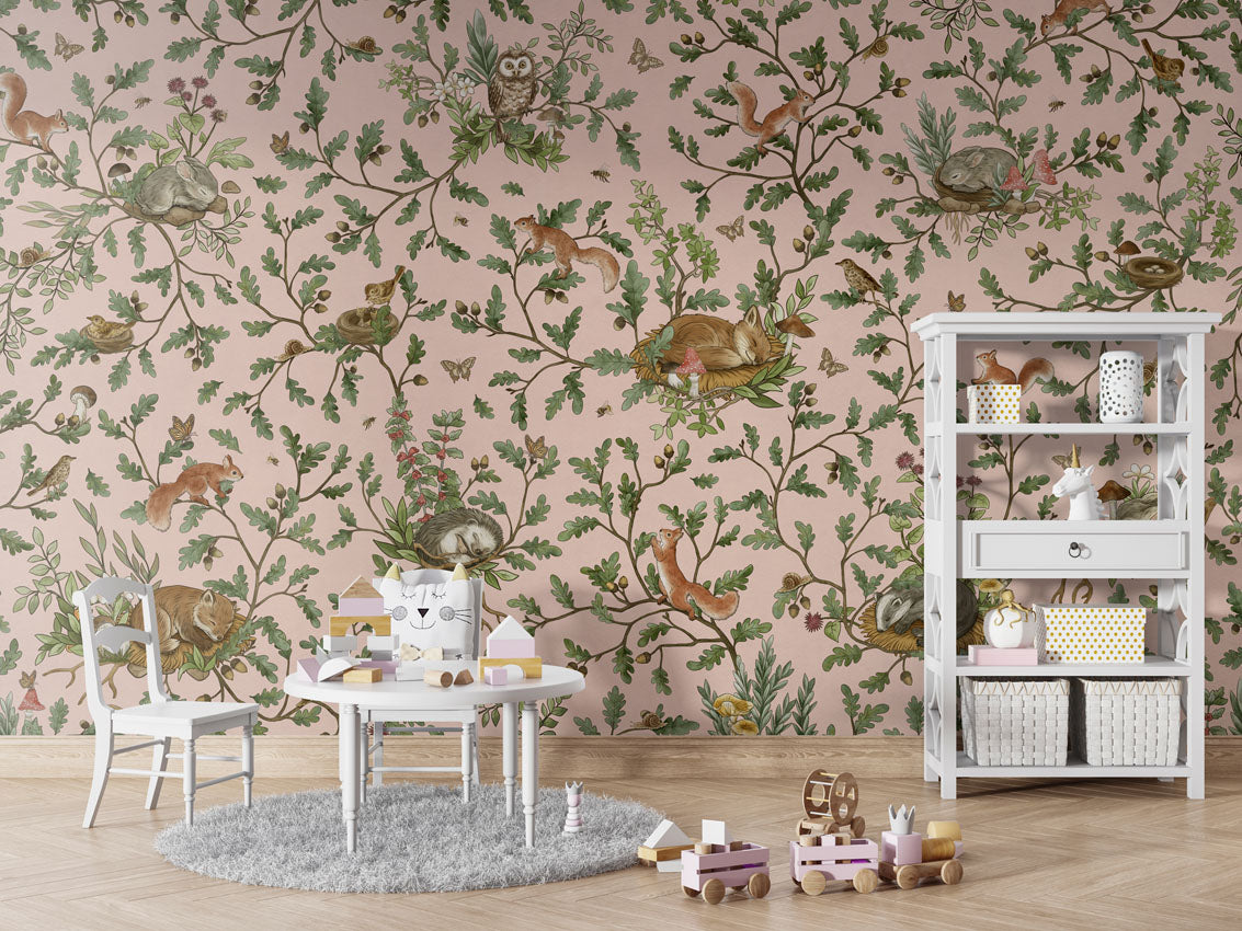 Playful Woods - pink luxury wallpaper in kids room interior — Artehub Egypt