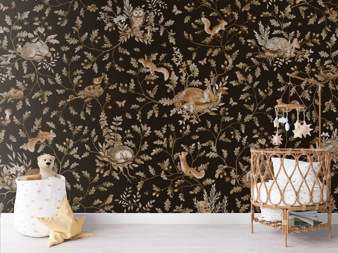 Playful Woods - Vintage - black luxury wallpaper in kids room interior — Artehub Egypt