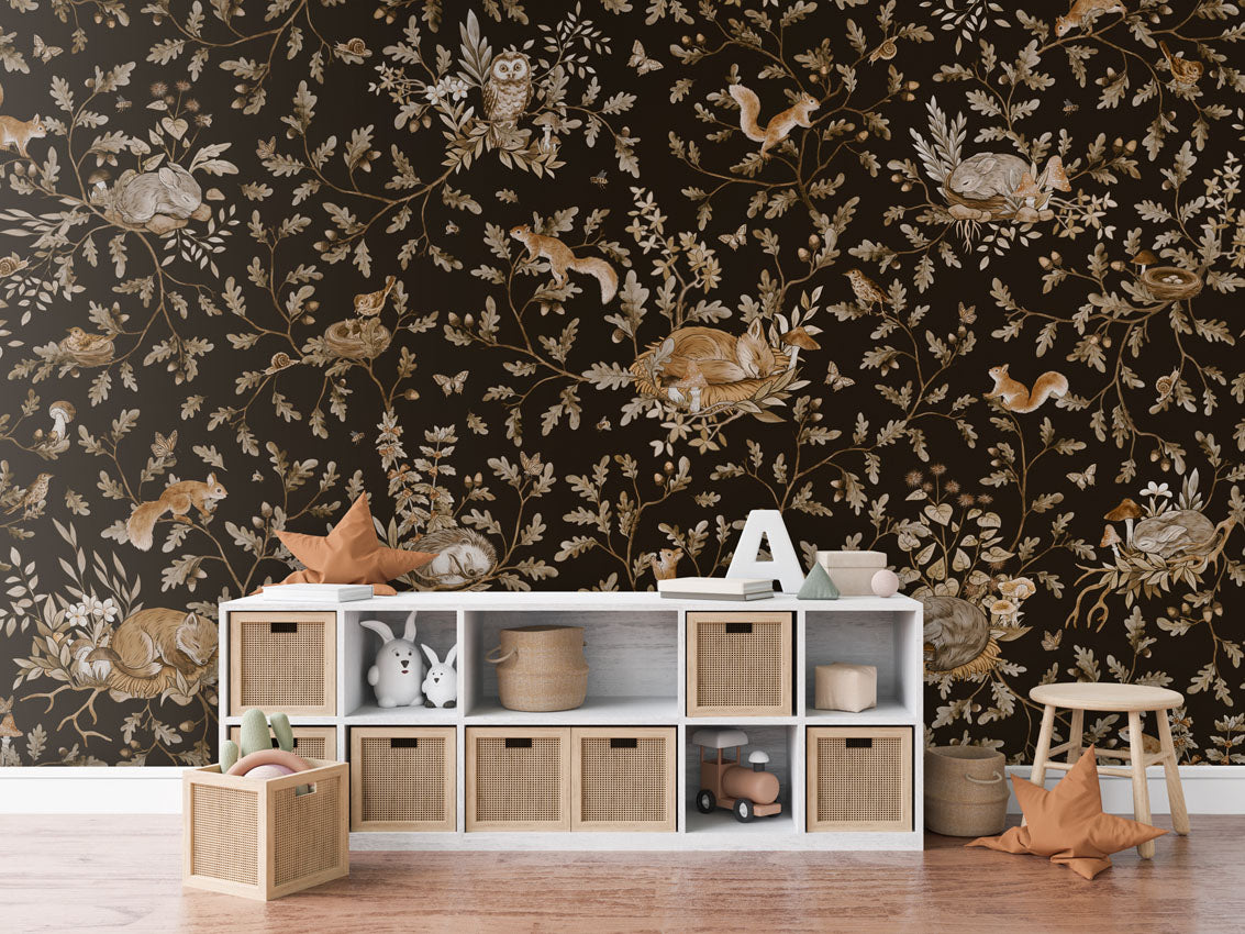 Playful Woods - Vintage - black luxury wallpaper in kids room interior — Artehub Egypt