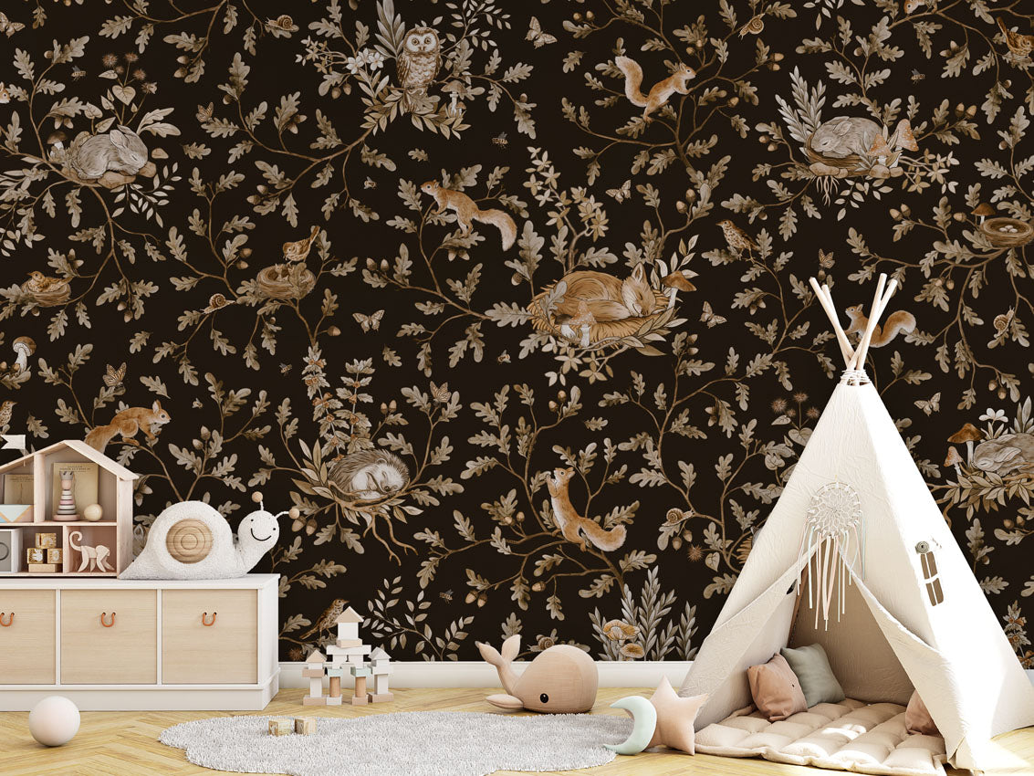 Playful Woods - Vintage - black luxury wallpaper in kids room interior — Artehub Egypt