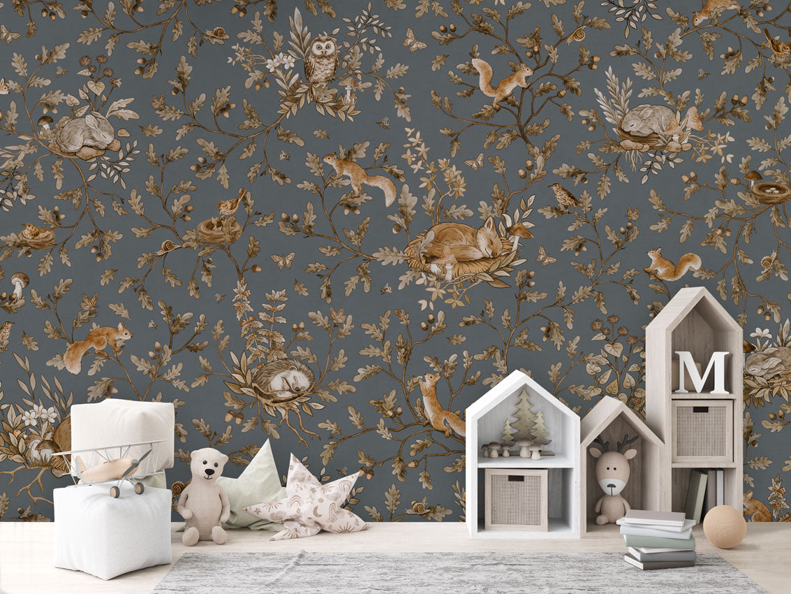 Playful Woods - Vintage - blue luxury wallpaper in kids room interior — Artehub Egypt
