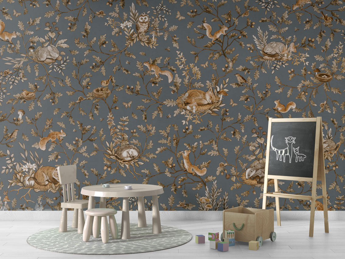 Playful Woods - Vintage - blue luxury wallpaper in kids room interior — Artehub Egypt