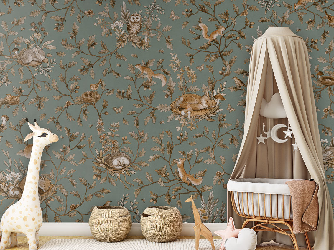 Playful Woods - Vintage - green luxury wallpaper in kids room interior — Artehub Egypt