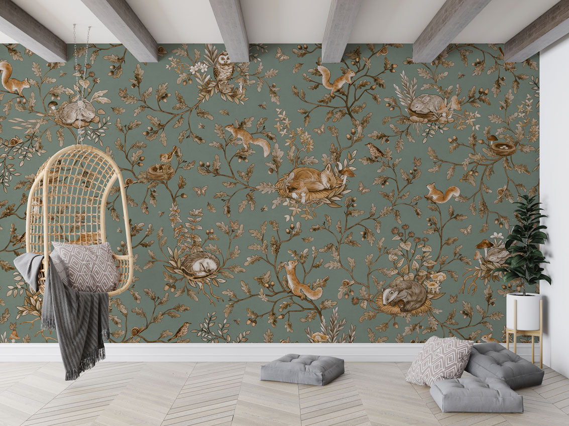 Playful Woods - Vintage - green luxury wallpaper in kids room interior — Artehub Egypt