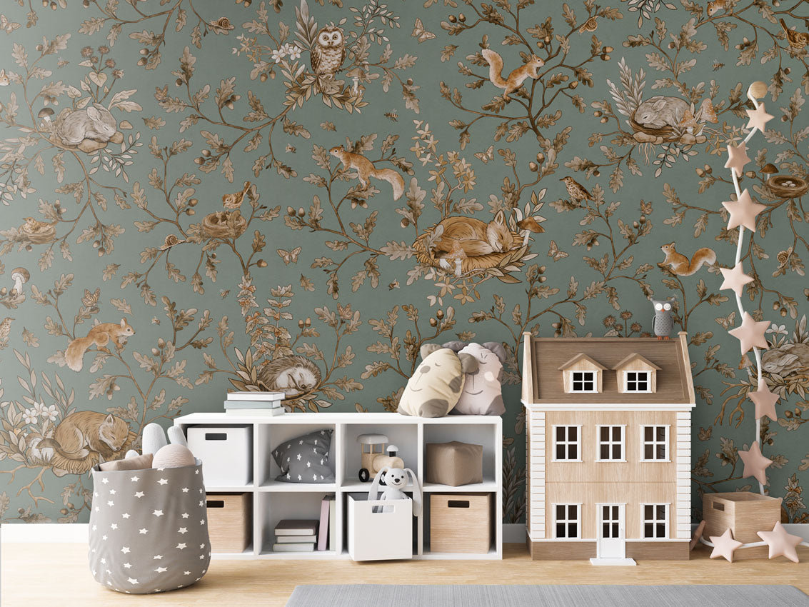Playful Woods - Vintage - green luxury wallpaper in kids room interior — Artehub Egypt