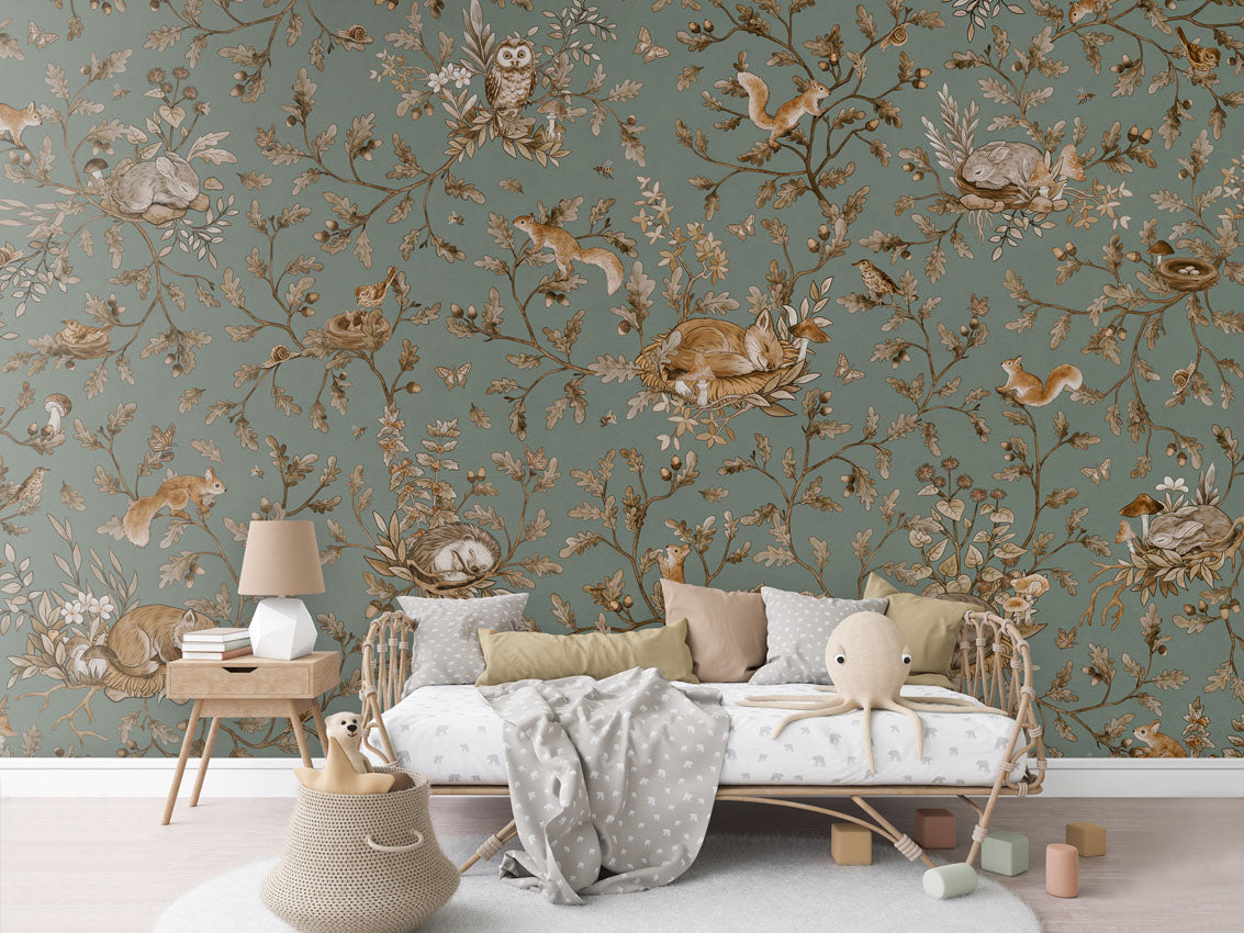 Playful Woods - Vintage - green luxury wallpaper in kids room interior — Artehub Egypt