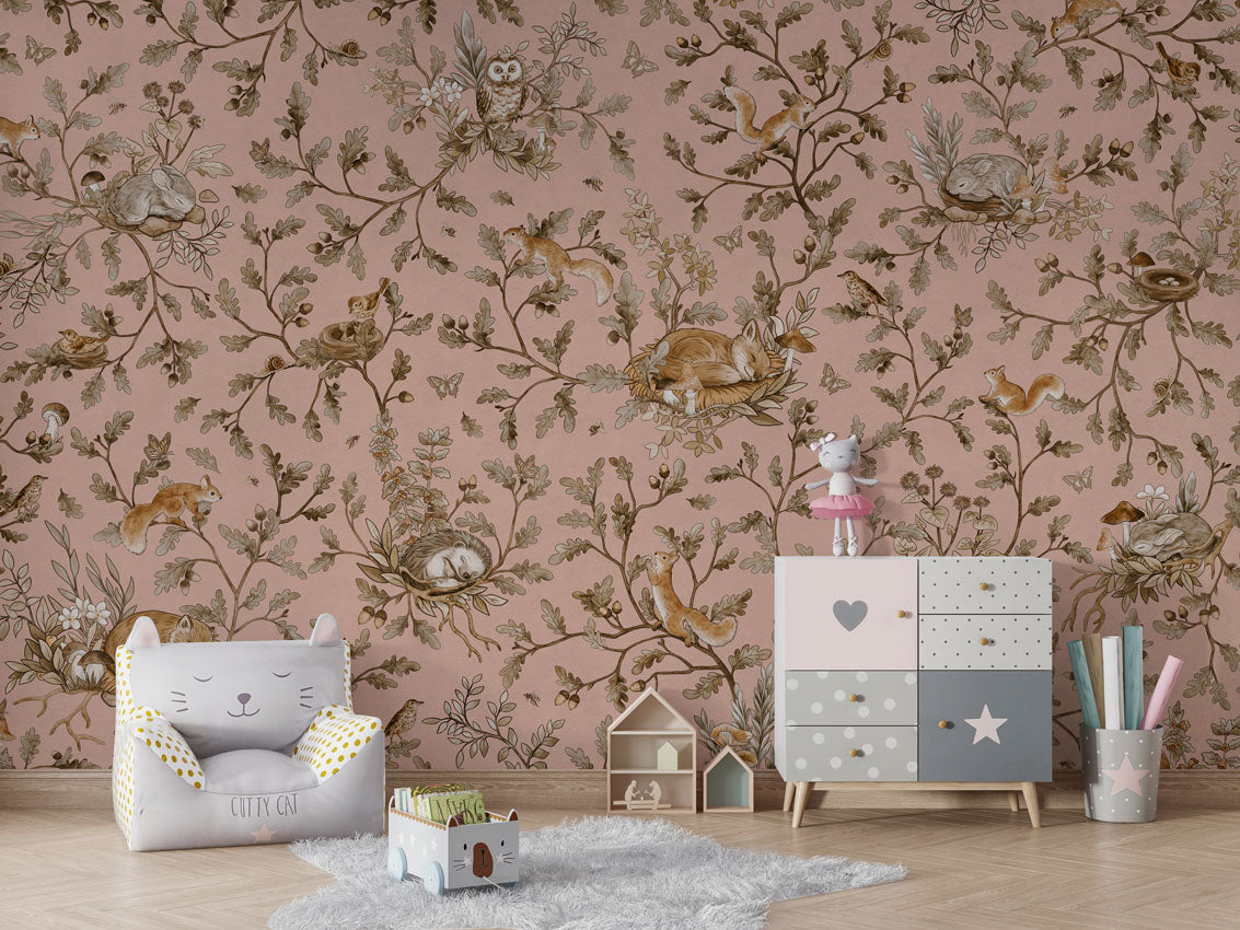 Playful Woods - Vintage - pink luxury wallpaper in kids room interior — Artehub Egypt