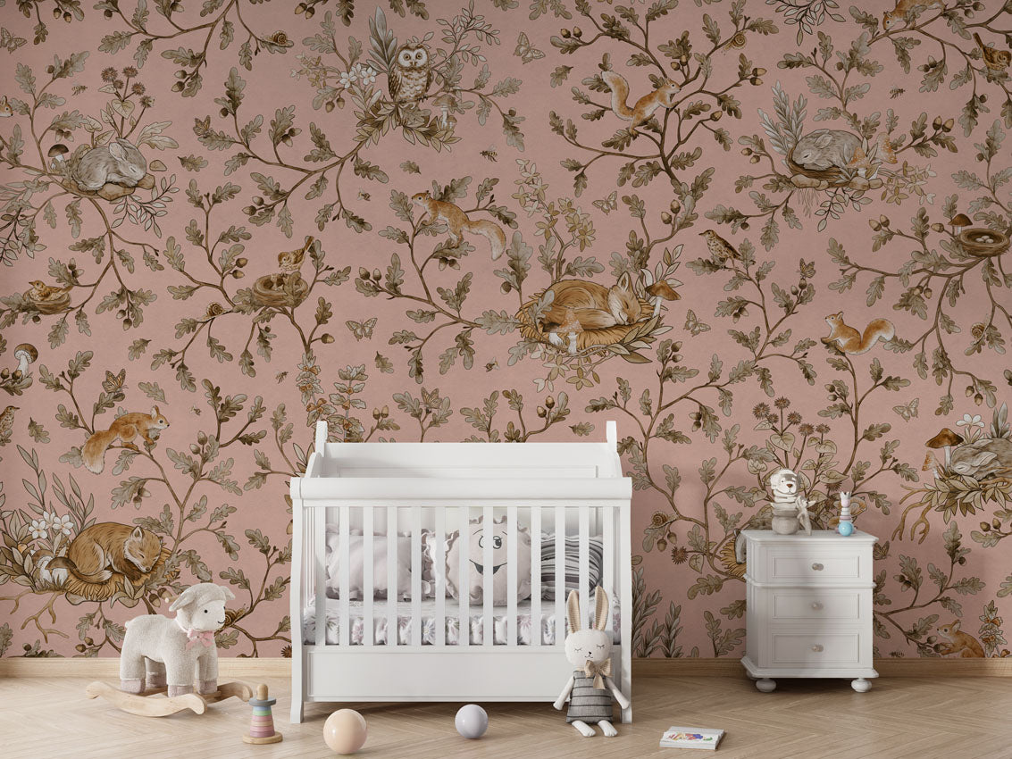 Playful Woods - Vintage - pink luxury wallpaper in kids room interior — Artehub Egypt