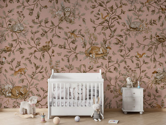 Playful Woods - Vintage - pink luxury wallpaper in kids room interior — Artehub Egypt