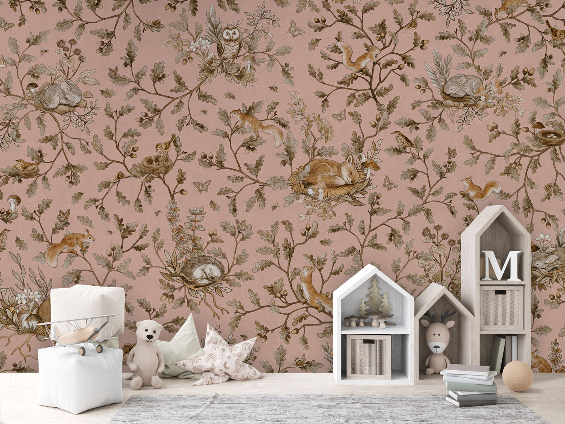 Playful Woods - Vintage - pink luxury wallpaper in kids room interior — Artehub Egypt