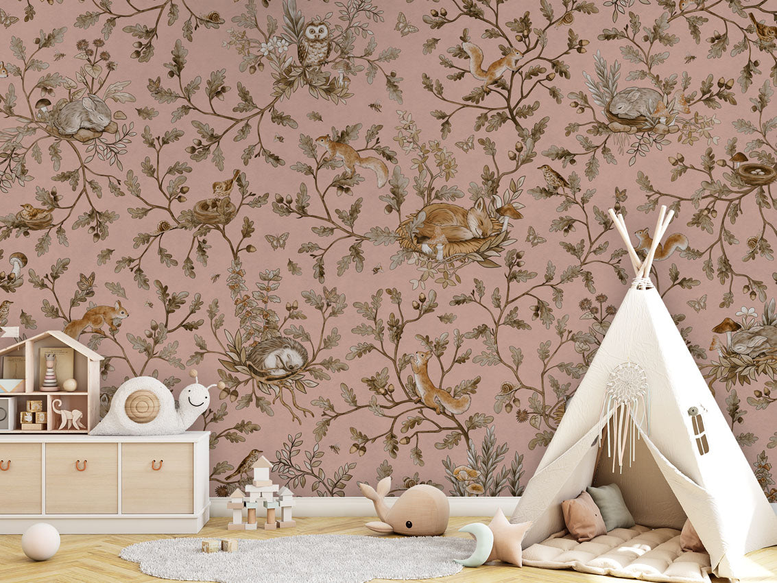 Playful Woods - Vintage - pink luxury wallpaper in kids room interior — Artehub Egypt