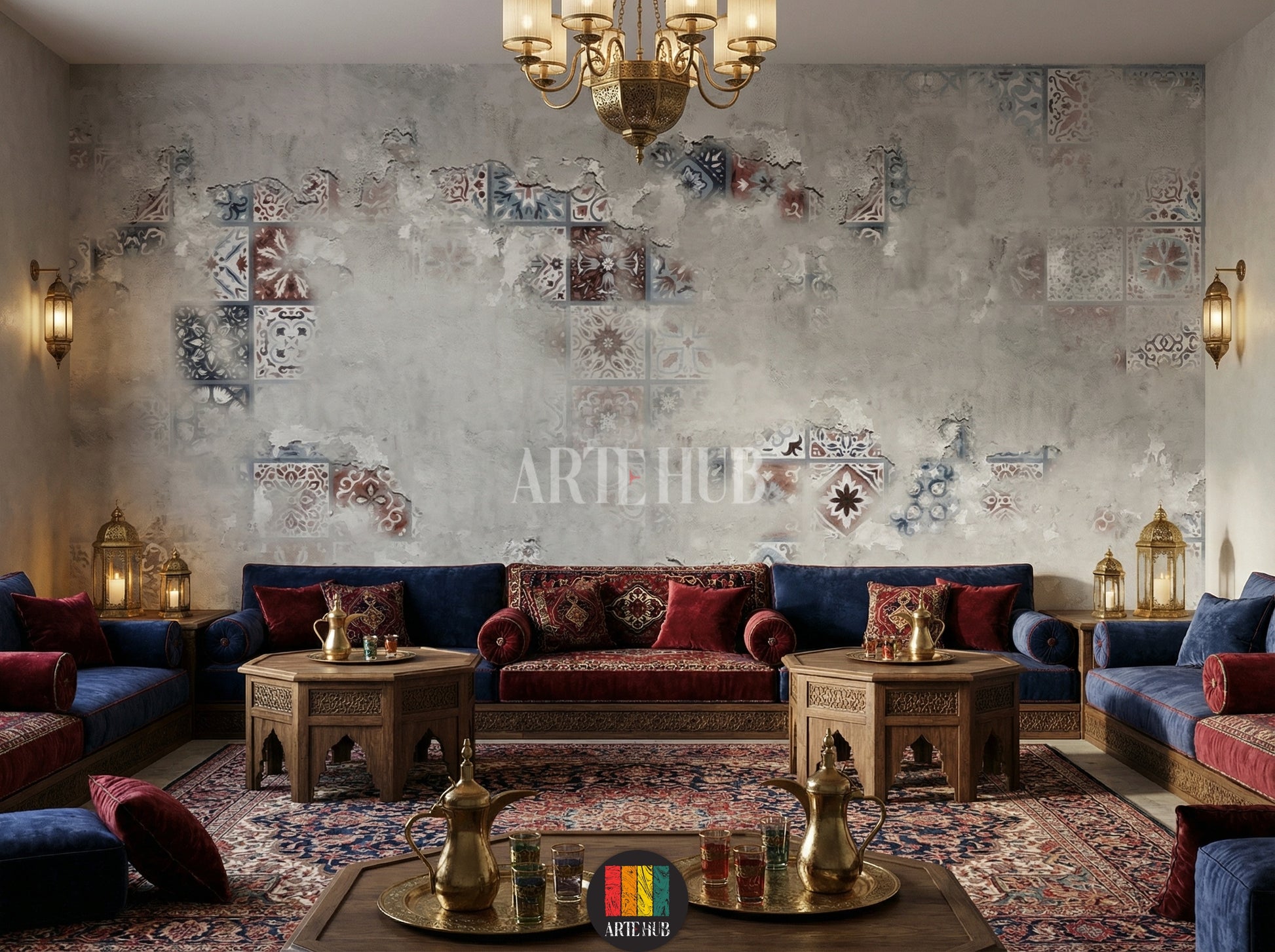 Modern majles room featuring Patina tile-effect wallpaper. Grey wall with distressed texture and faded traditional tile patterns. Ideal wall art for contemporary Egyptian home decor.
غرفة مجلس عصرية تضم ورق جدران بتأثير الباتينا والبلاط. حائط رمادي بتصميم عتيق ونقوش بلاط تقليدية باهتة. مثالي لديكورات المنازل المصرية الحديثة في مصر.
room: majles room