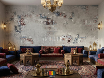 Modern majles room featuring Patina tile-effect wallpaper. Grey wall with distressed texture and faded traditional tile patterns. Ideal wall art for contemporary Egyptian home decor.
غرفة مجلس عصرية تضم ورق جدران بتأثير الباتينا والبلاط. حائط رمادي بتصميم عتيق ونقوش بلاط تقليدية باهتة. مثالي لديكورات المنازل المصرية الحديثة في مصر.
room: majles room