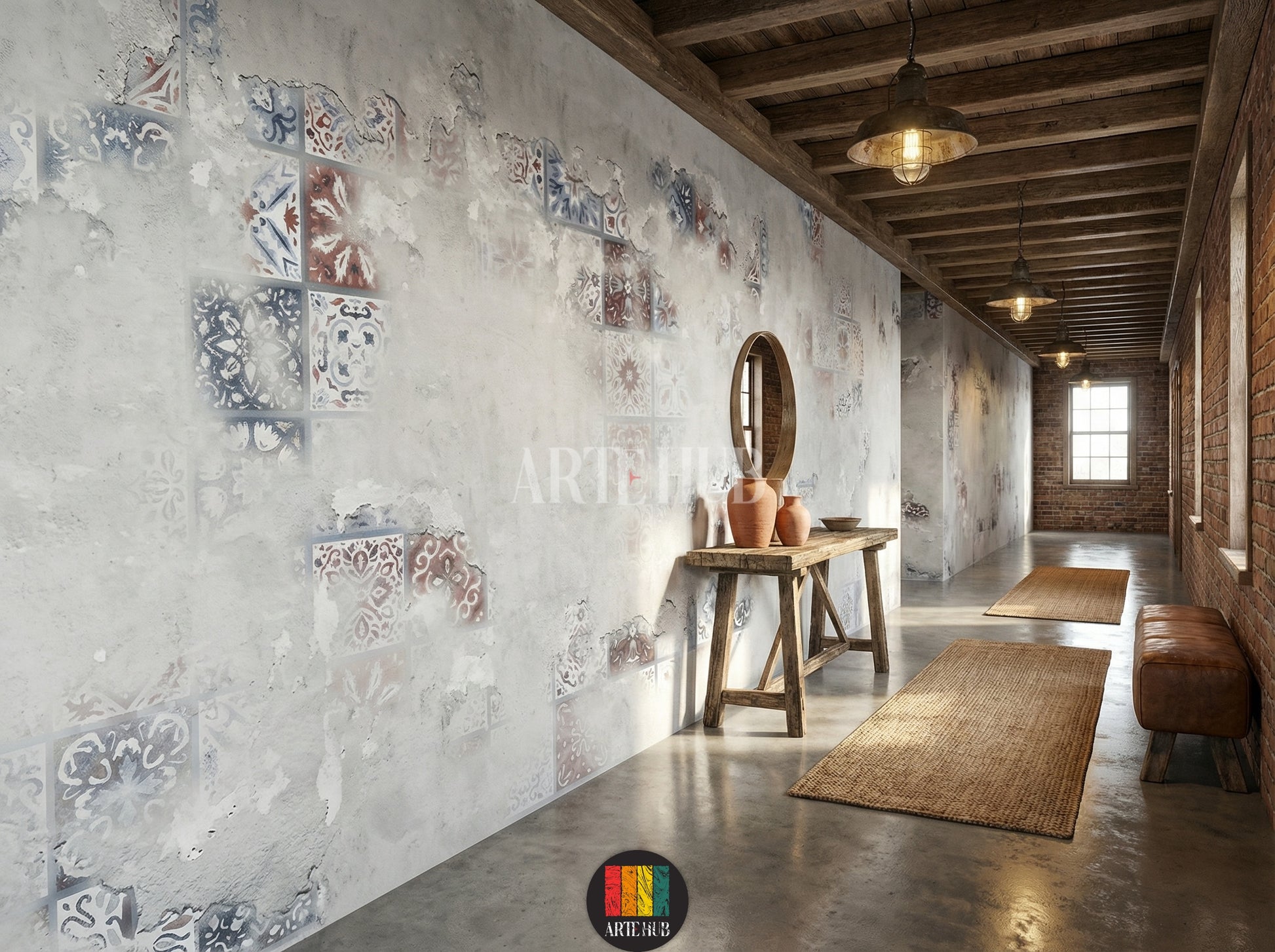 Modern halway featuring Patina tile-effect wallpaper. Grey wall with distressed texture and faded traditional tile patterns. Ideal wall art for contemporary Egyptian home decor.
ممر يضم ورق جدران بتأثير الباتينا والبلاط. حائط رمادي بتصميم عتيق ونقوش بلاط تقليدية باهتة. مثالي لديكورات المنازل المصرية الحديثة في مصر.
room: halway