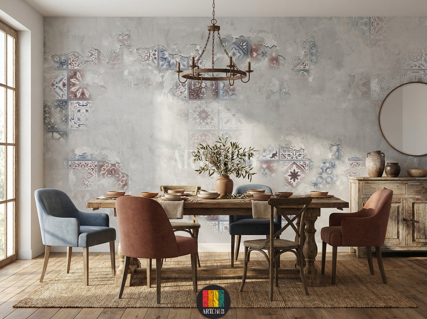 Modern dining room featuring Patina tile-effect wallpaper. Grey wall with distressed texture and faded traditional tile patterns. Ideal wall art for contemporary Egyptian home decor.
غرفة سفرة عصرية تضم ورق جدران بتأثير الباتينا والبلاط. حائط رمادي بتصميم عتيق ونقوش بلاط تقليدية باهتة. مثالي لديكورات المنازل المصرية الحديثة في مصر.
room: dining room