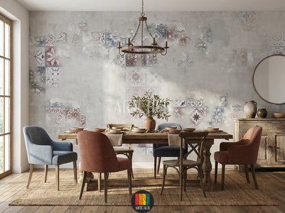 Modern dining room featuring Patina tile-effect wallpaper. Grey wall with distressed texture and faded traditional tile patterns. Ideal wall art for contemporary Egyptian home decor.
غرفة سفرة عصرية تضم ورق جدران بتأثير الباتينا والبلاط. حائط رمادي بتصميم عتيق ونقوش بلاط تقليدية باهتة. مثالي لديكورات المنازل المصرية الحديثة في مصر.
room: dining room
